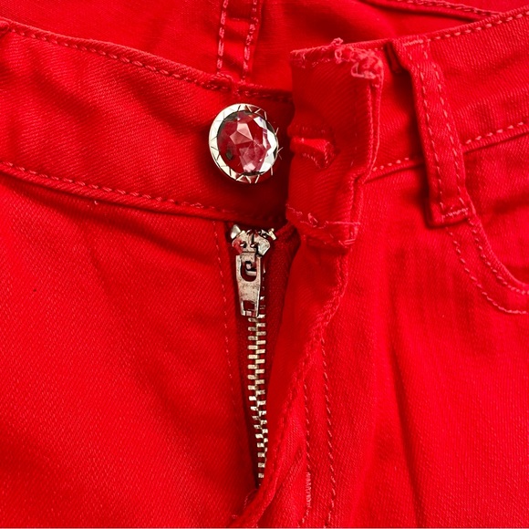 Machine Distressed Red Low Rise Jeans Denim - Picture 5 of 7